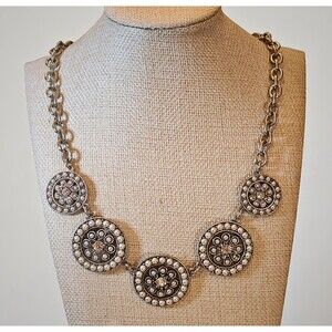 Dillard’s Spiral Statement Necklace – Silver-Tone Medallions W/Faux Pearls